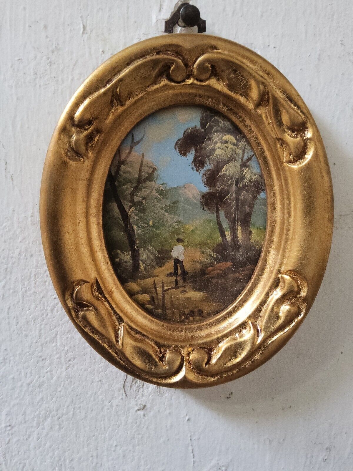 Quadro dipinto paesaggio Stile Antico Cornice ovale intagliata foglia Oro  11x13CM, Morana Arte
